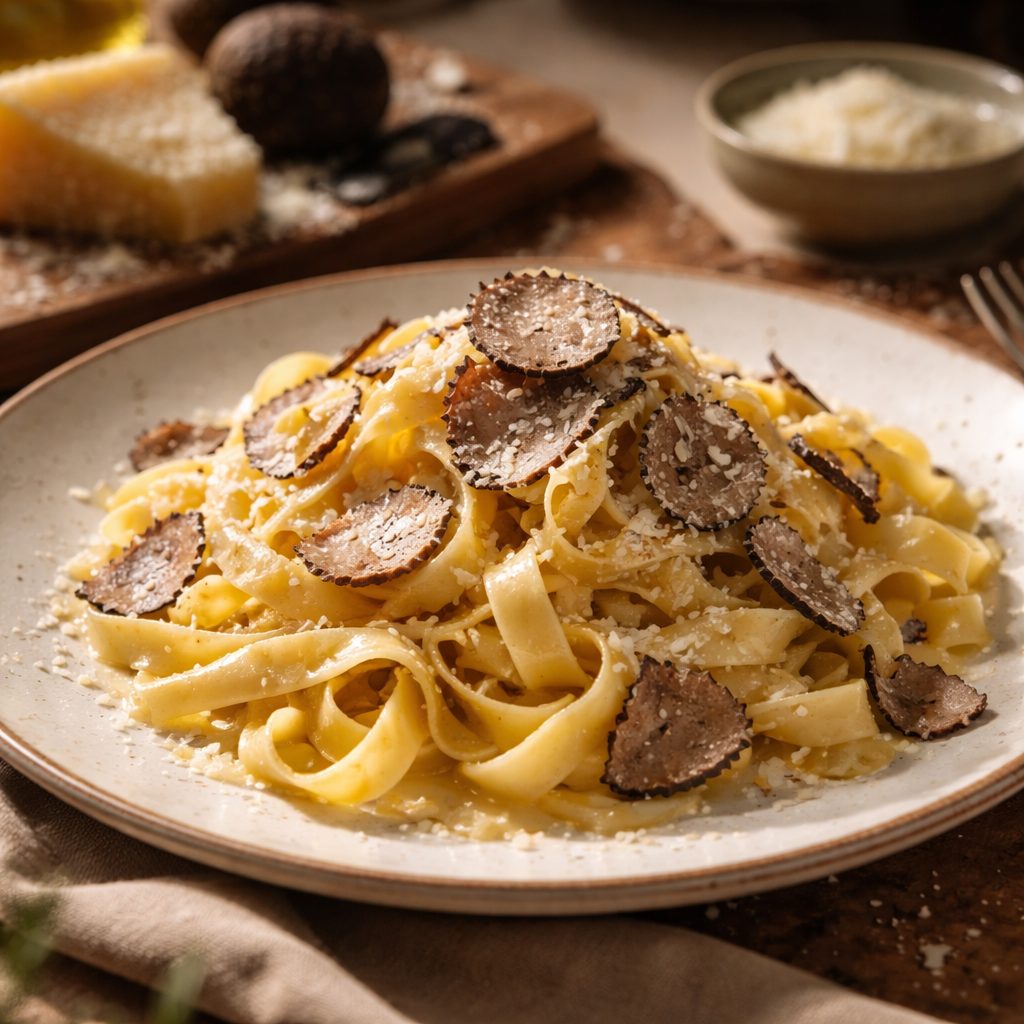 Recept za tagliatelle s svežim tartufom, ki tartuf postavi v središče krožnika