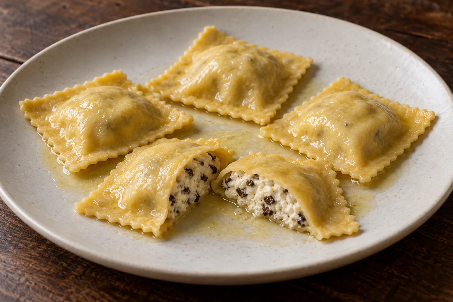 Domači kvadratni ravioli z rikoto in tartufi; prerez razkrije mehak nadev.