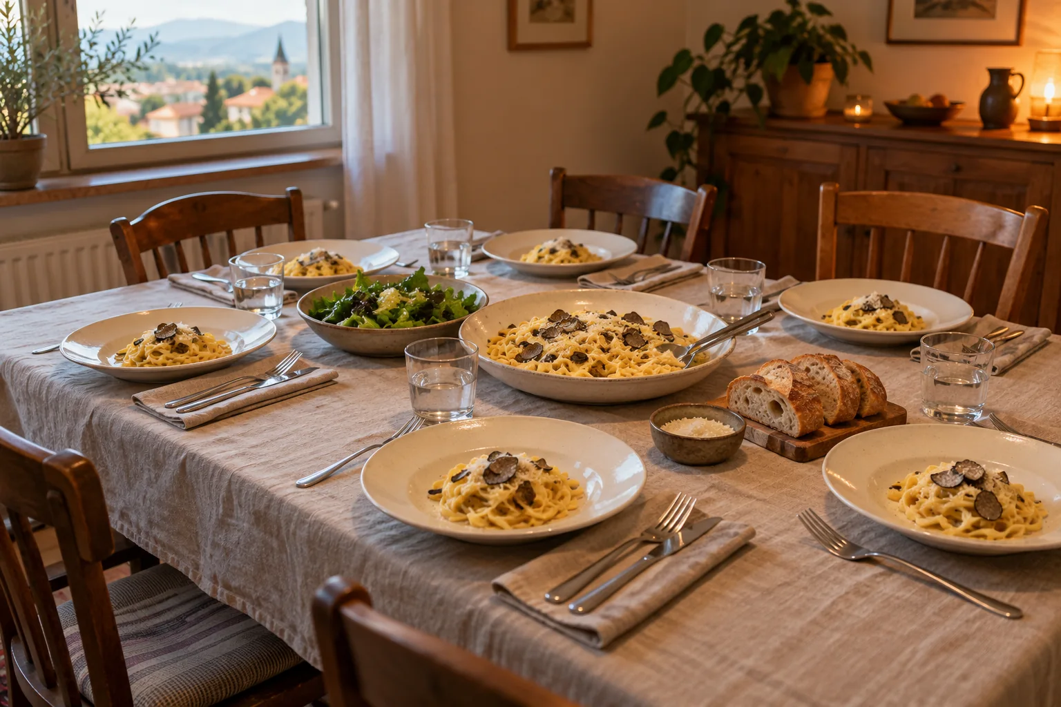 Domača miza za šest oseb s testeninami s tartufi, solato in kruhom.