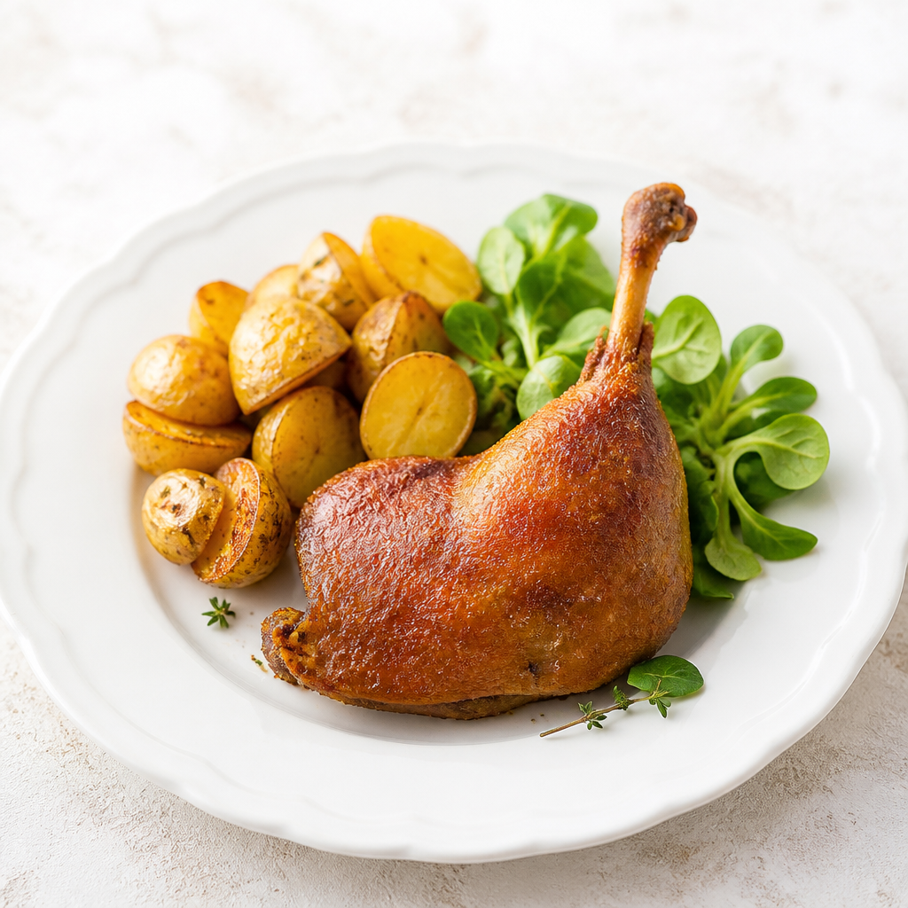 Račje bedro confit s hrustljavo kožo ob krompirju