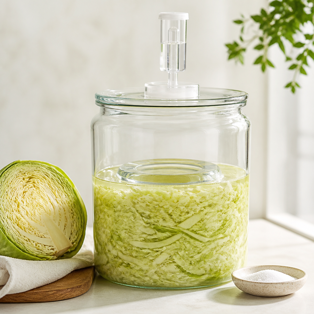 Narezano zelje pod slanico in utežjo v fermentacijskem kozarcu