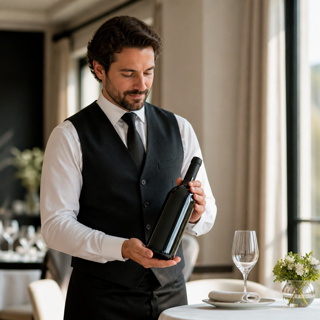 Sommelier predstavlja zaprto steklenico vina ob restavracijski mizi.