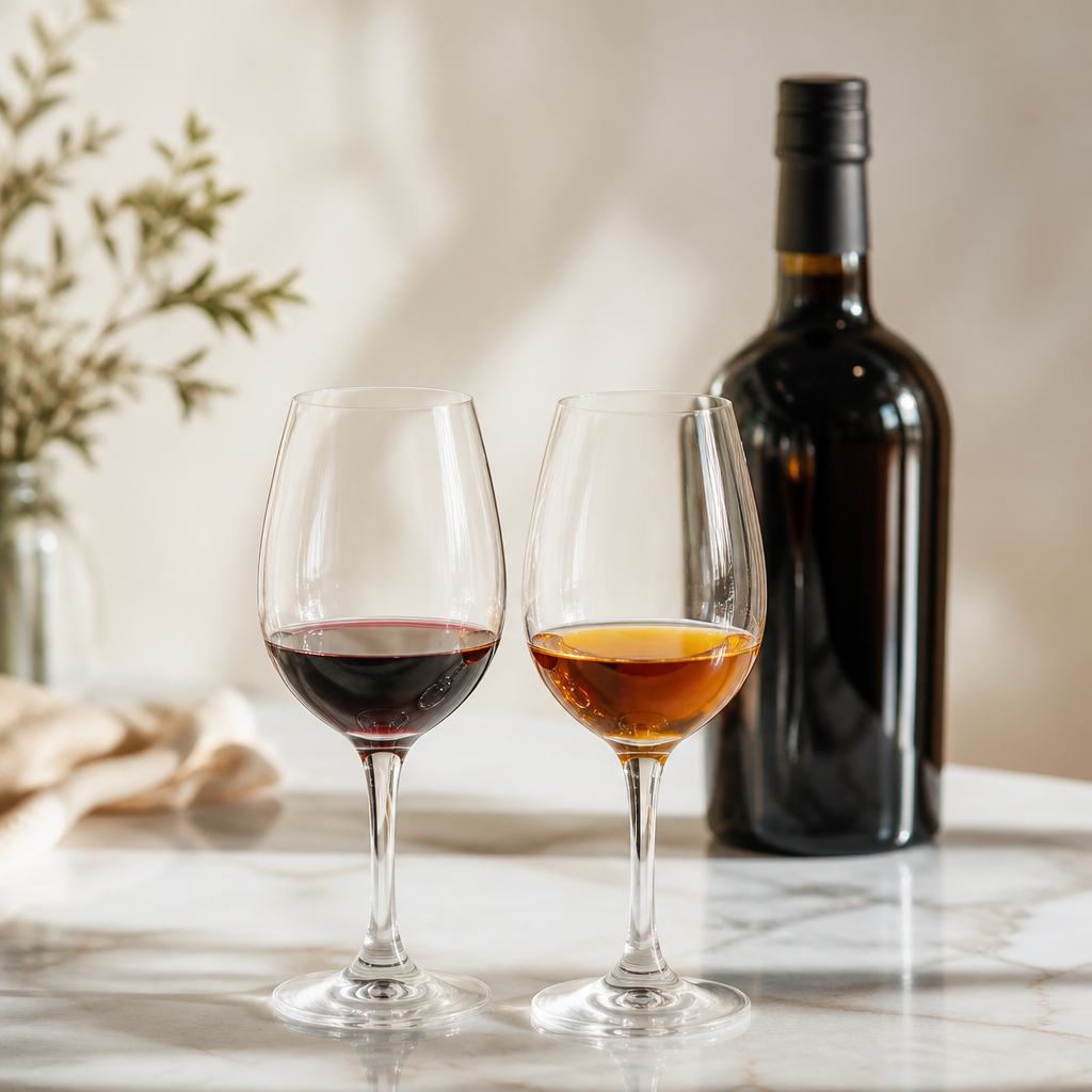 Rubinasto in jantarno obarvano vino v dveh kozarcih.
