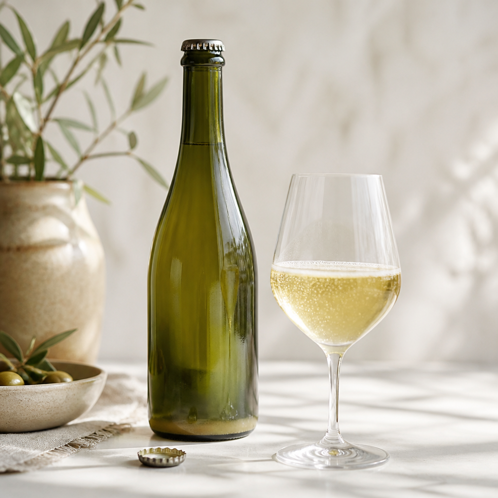 Rahlo motno peneče vino in steklenica s kronskim zamaškom.