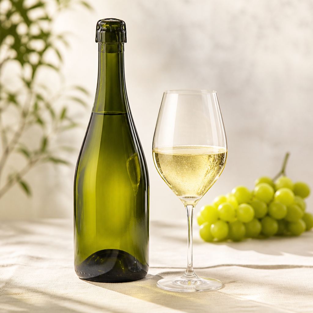 Peneče vino v tulipanastem kozarcu ob neoznačeni zeleni steklenici.