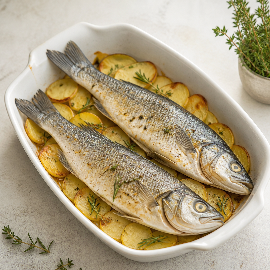 Cela brancina v pečici s krompirjevimi rezinami