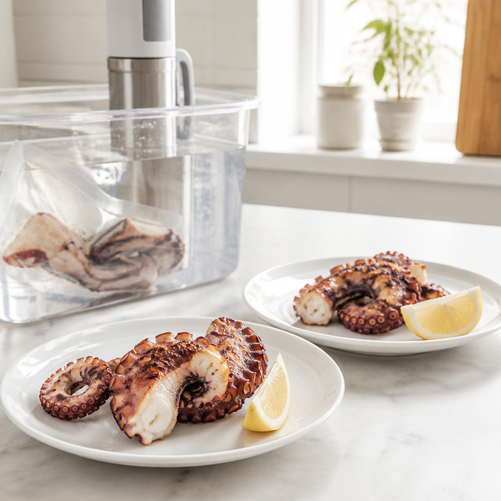 Zapečena hobotnica in oprema za sous vide v ozadju