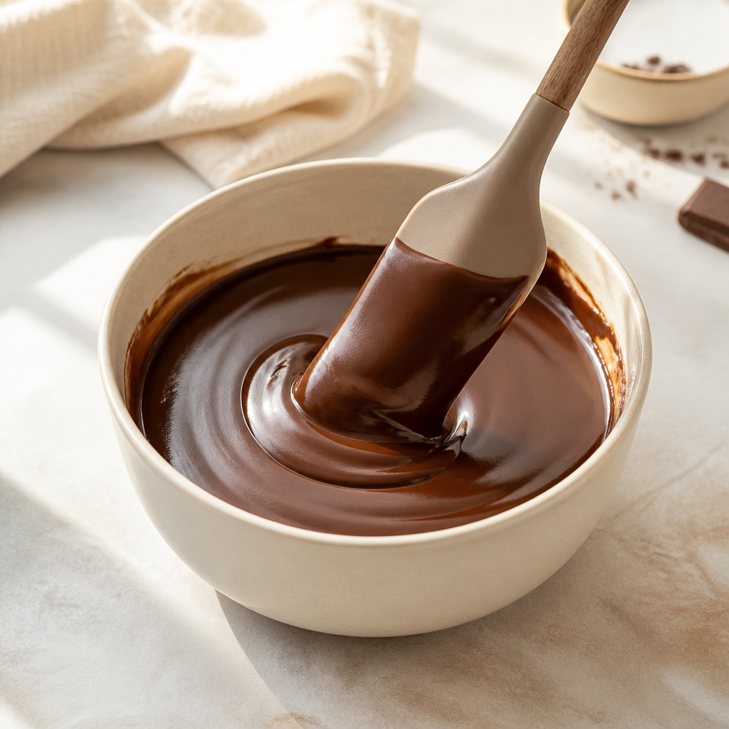 Gladka temna čokoladna ganache v svetli skledi z lopatico in debelim čokoladnim trakom.