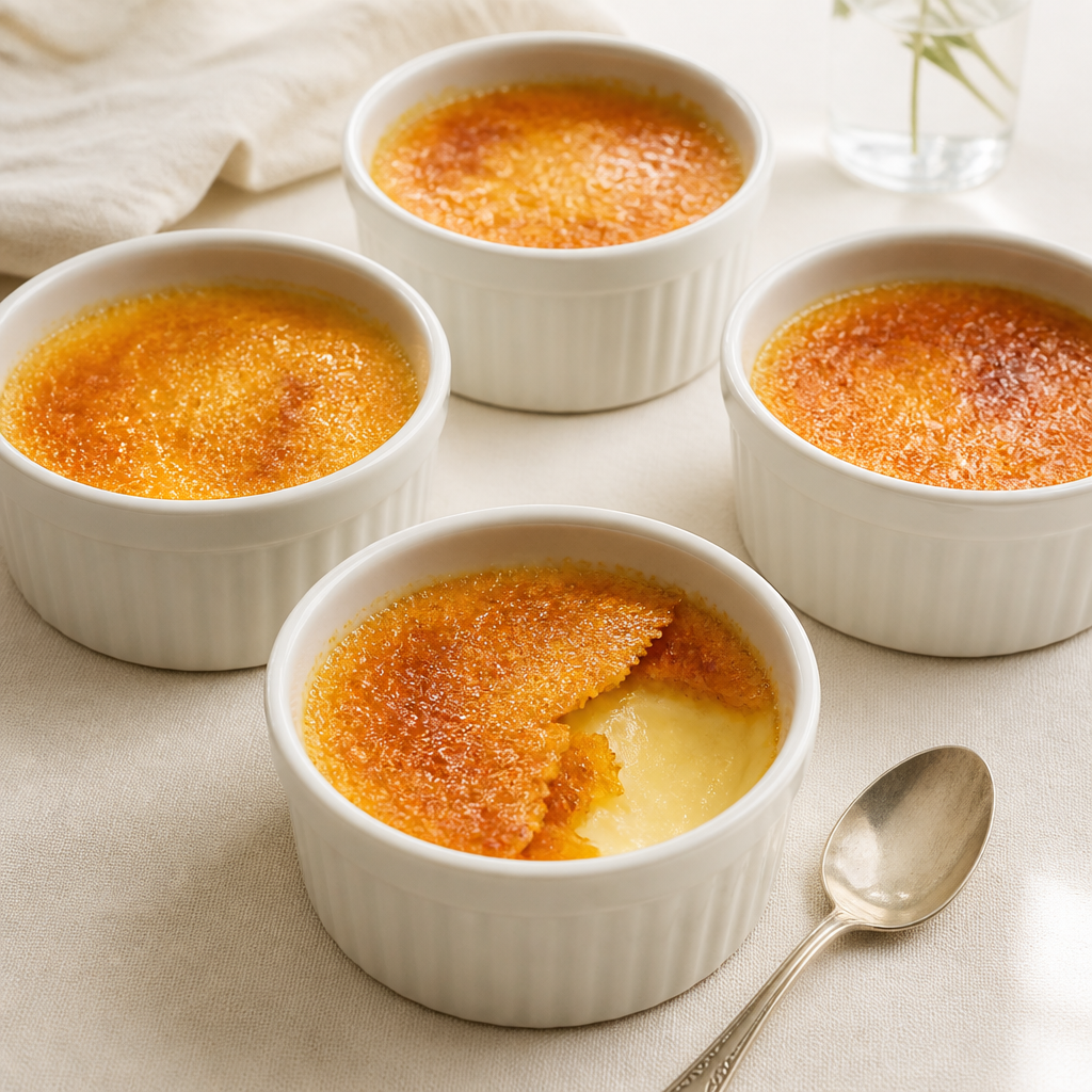 Štirje modelčki crème brûlée z zlato sladkorno skorjo; spredaj je viden del svetle kreme.