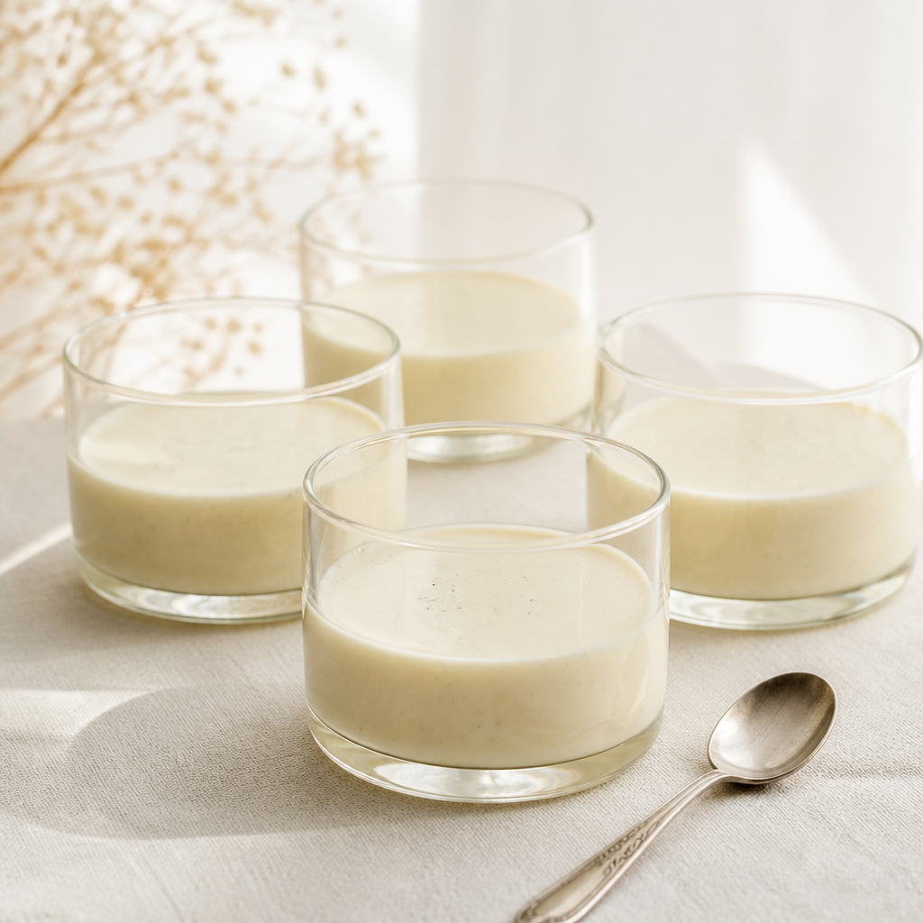 Štiri panna cotte v nizkih steklenih posodicah, s svetlo gladko kremo in drobnimi pikami vanilje.