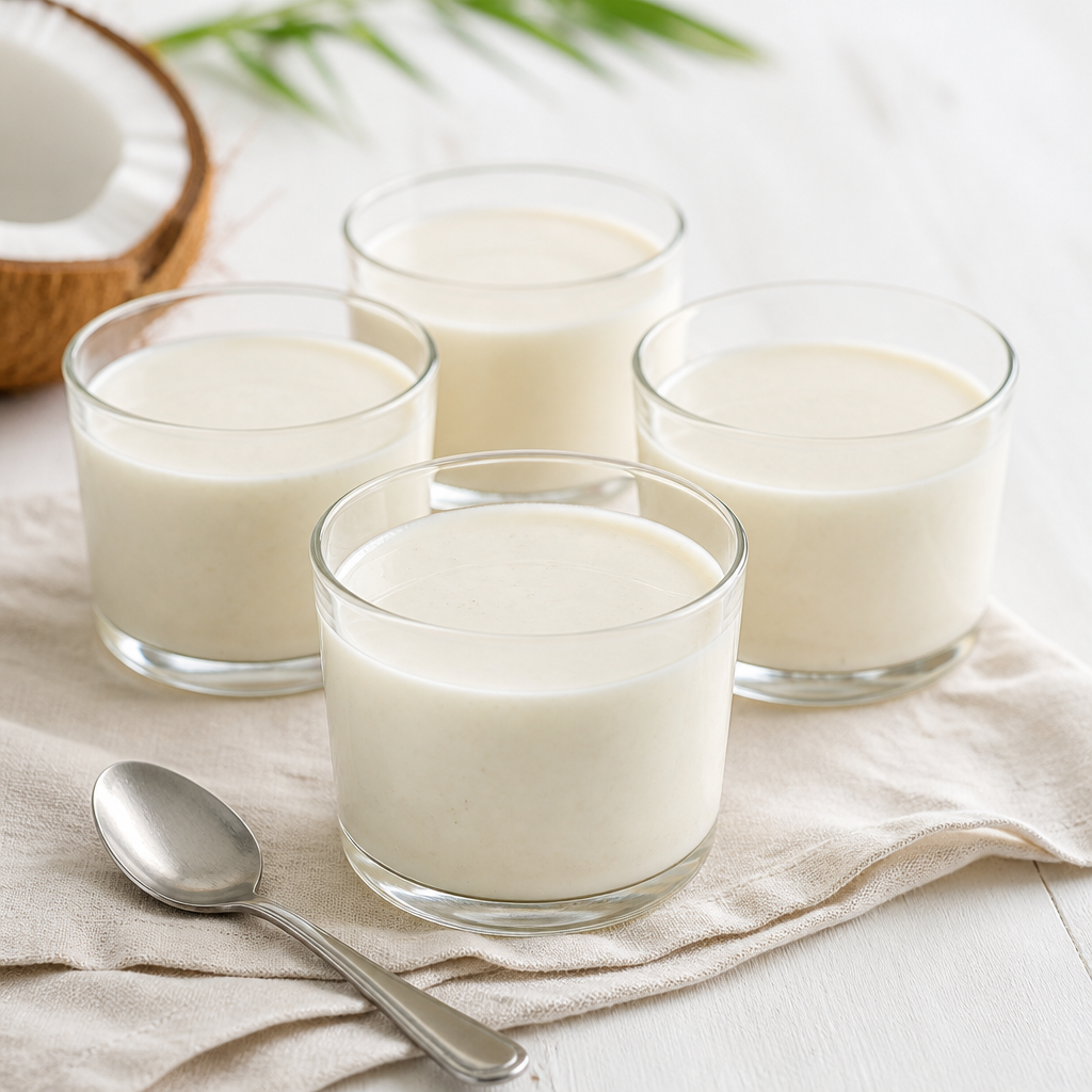 Štirje kozarci kokosove panna cotte na svetli mizi.
