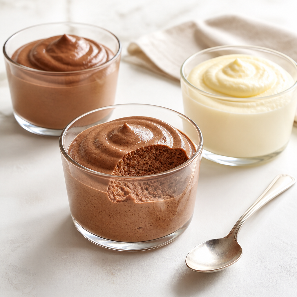 Temni in beli čokoladni mousse v treh kozarcih.
