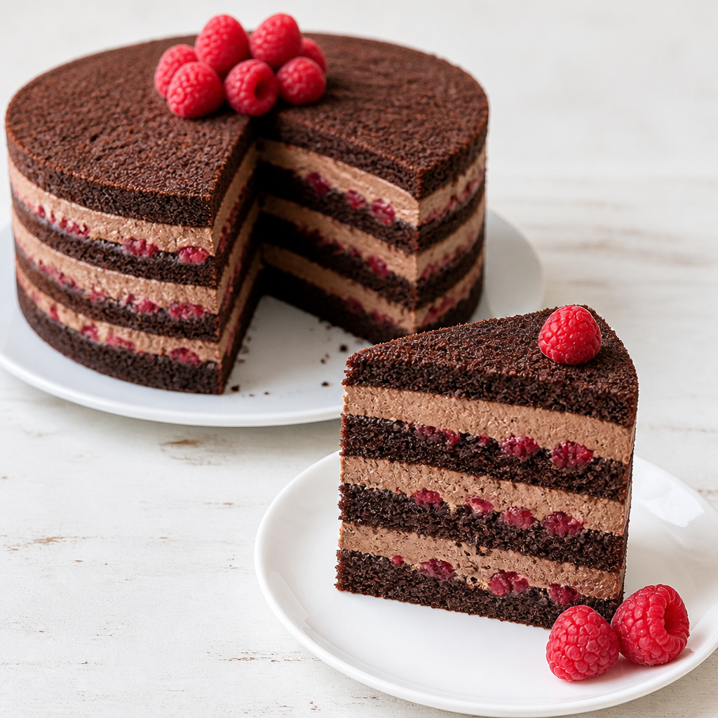 Štiriplastna čokoladna mousse torta s tremi malinovimi kremnimi plastmi.