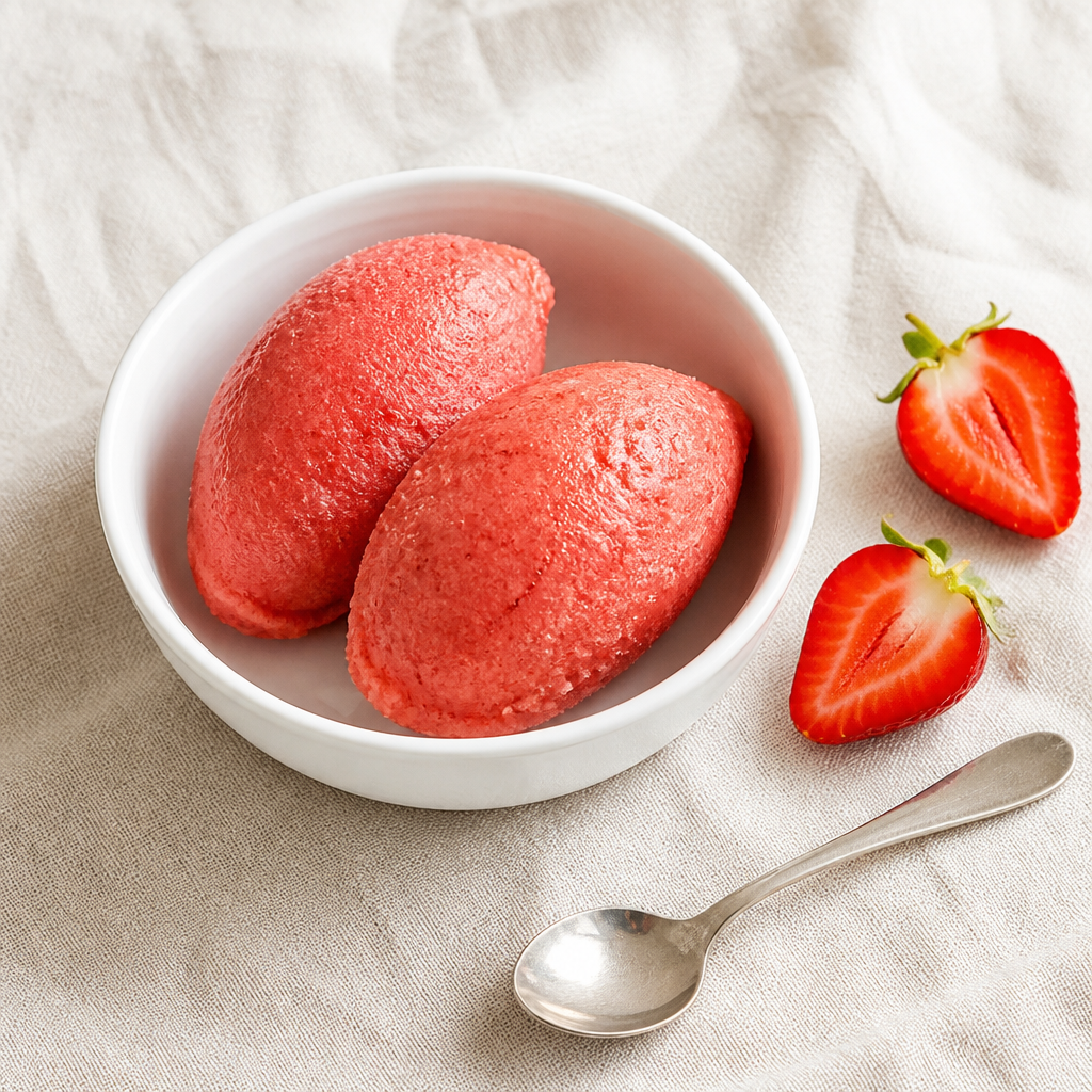 Jagodni sorbet v beli skledi z dvema polovicama jagode.