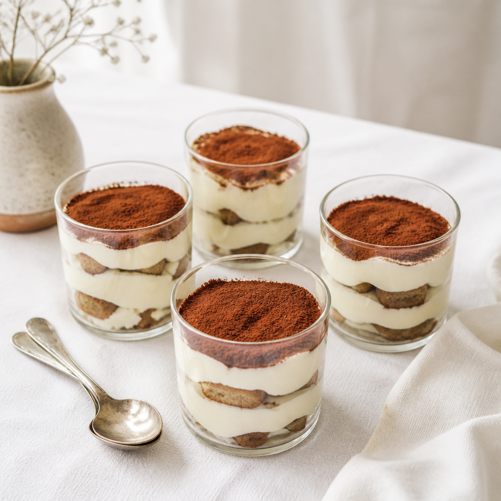Tiramisu v kozarcih s kremnimi in biskvitnimi plastmi