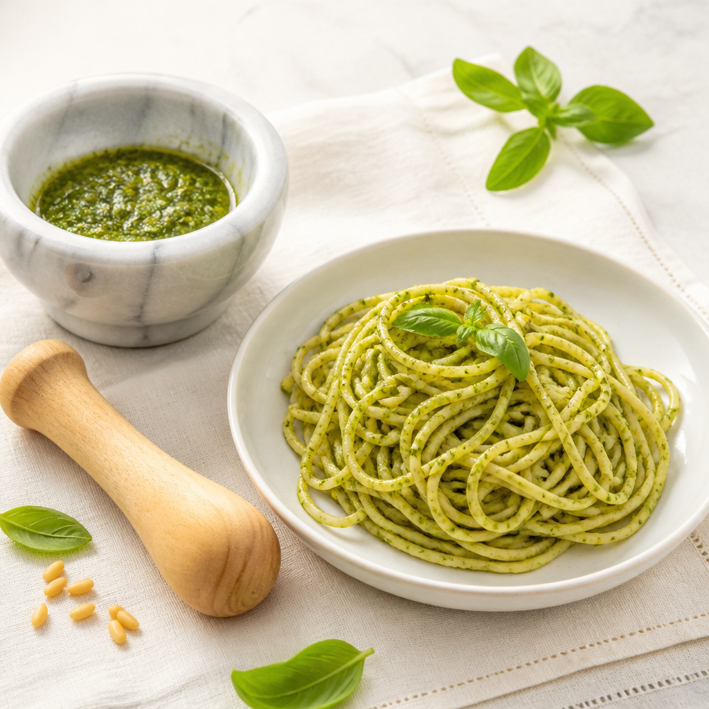 Bazilikov pesto v terilniku ob testeninah