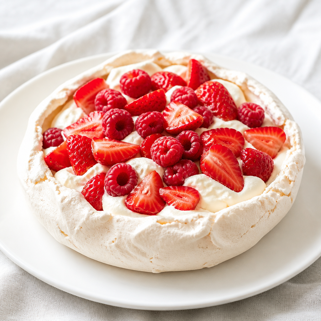 Plitva pavlova s smetano, jagodami in malinami na belem krožniku