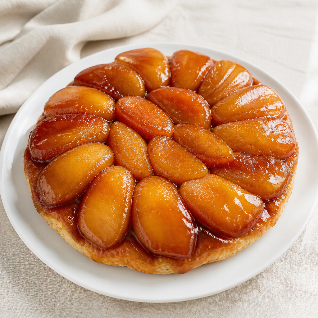 Obrnjena tarte Tatin s karamelnimi jabolčnimi krhlji nad testom